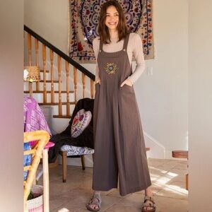 NATURAL LIFE Brown Embroidered Wide-Leg Jumpsuit